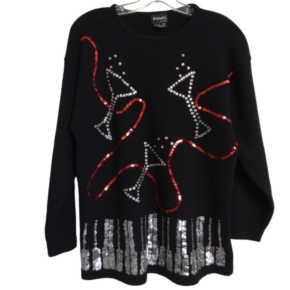 Lambs Wool IMARI Festive Piano and Martinis Sequin Sweater Womens Size Small - Picture 1 of 9